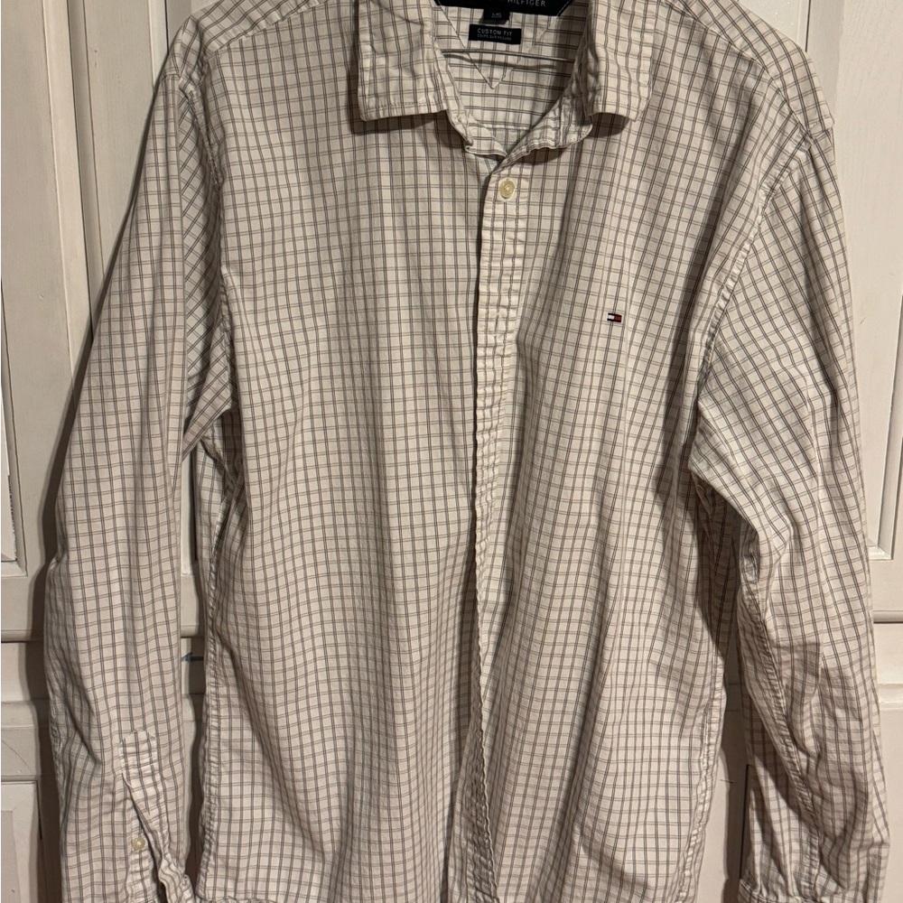Tommy Hilfiger Men's Cream and Gray Plaid Shirt